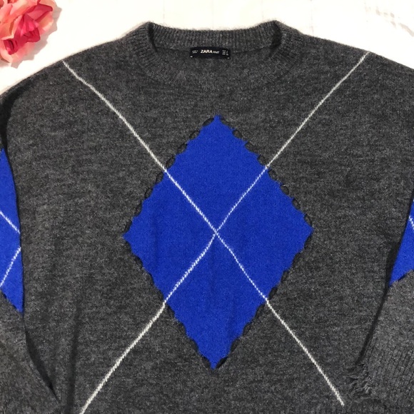 Zara Open Knit Argyle Diamond Distressed Raw Hem Knit Sweater - Picture 12 of 16